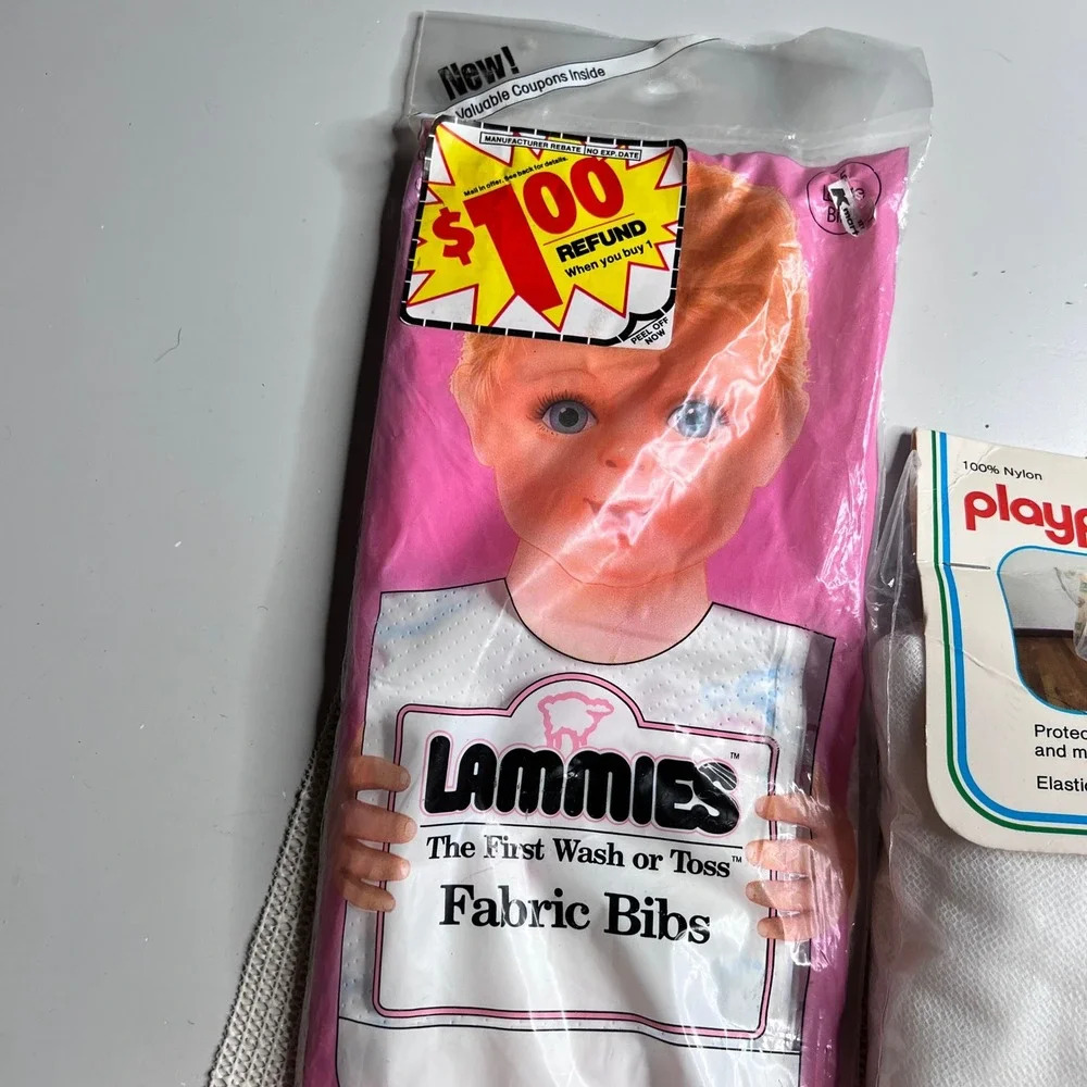 Vintage 1987 Playtex Disposable Bibs Lammies Fabric Bibs & Playpen Netting Set